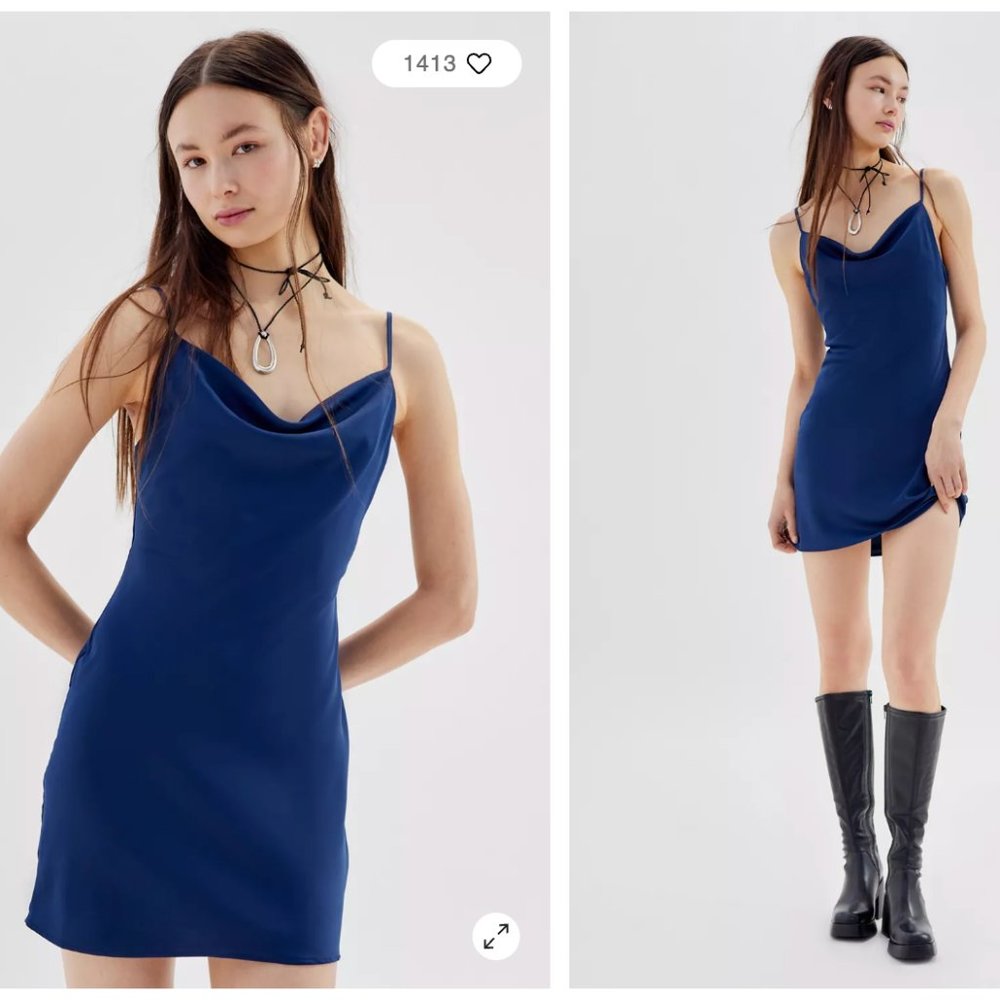 UO Mallory Cowl Neck Slip Dress - Navy - Size M